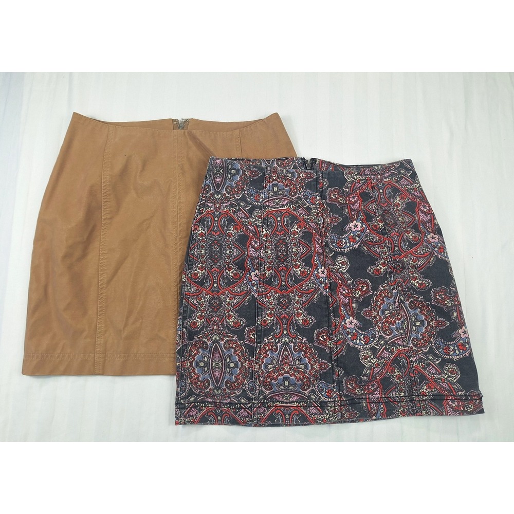 Free People Mini Skirt Bundle Tan Faux Leather & Paisley‎ Denim Size 4